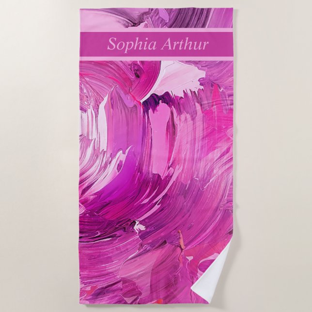 Serviette De Plage Art abstrait monogramme rose violet (Devant)