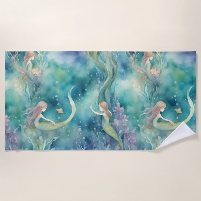 Serviette De Plage art de sirènes à l'aquarelle  (Devant)
