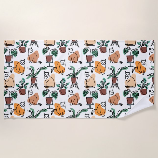 Serviette De Plage Art de trait dessin chats et fleurs (Devant)