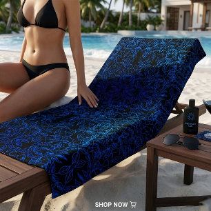 Serviette De Plage Art en ligne botanique floral gothique bleu électr