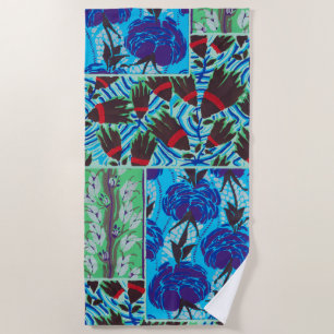 Serviette De Plage Art floral bleu et vert maximaliste vibrant