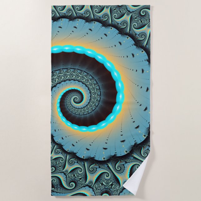 Serviette De Plage Art fractal abstrait bleu turquoise orange Spirale (Devant)