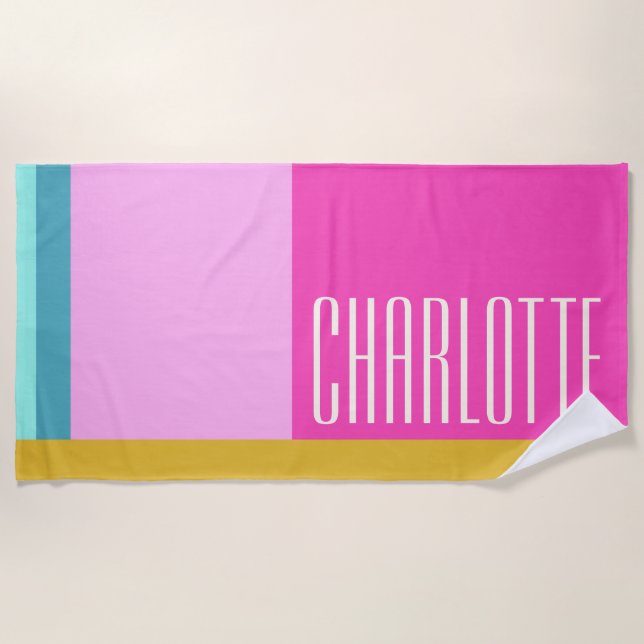 Serviette De Plage Art géométrique moderne Personnalisé bleu rose jau (Devant)
