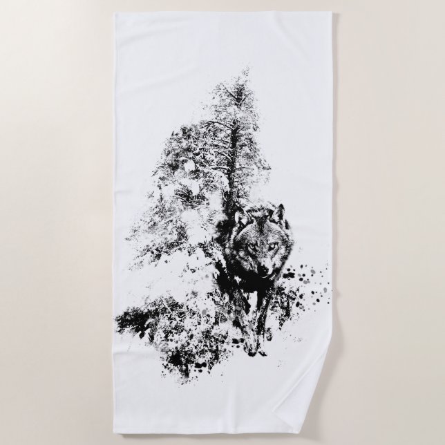 Serviette De Plage Art graphique Loup gris faune nature animale (Devant)