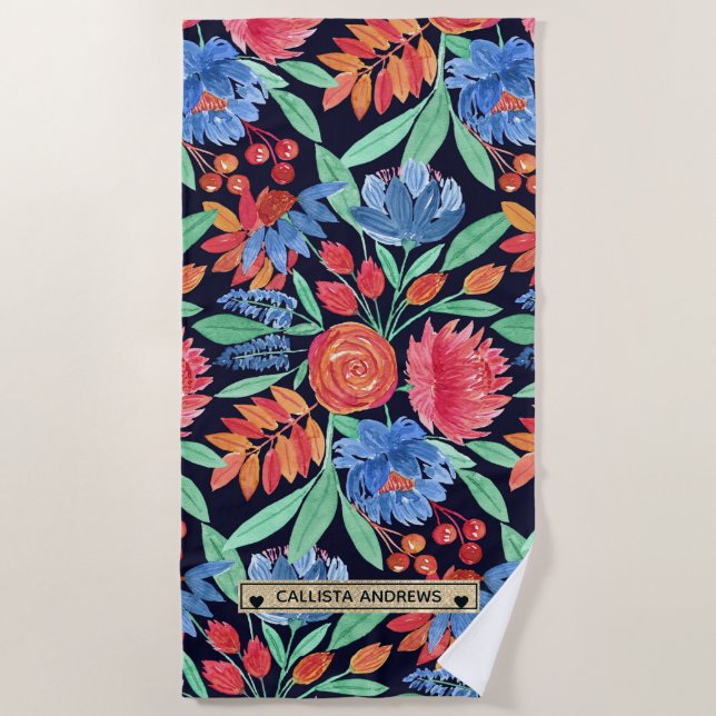 Serviette De Plage Artsy moderne Coral bleu Floral Aquarelle Monogram (Devant)