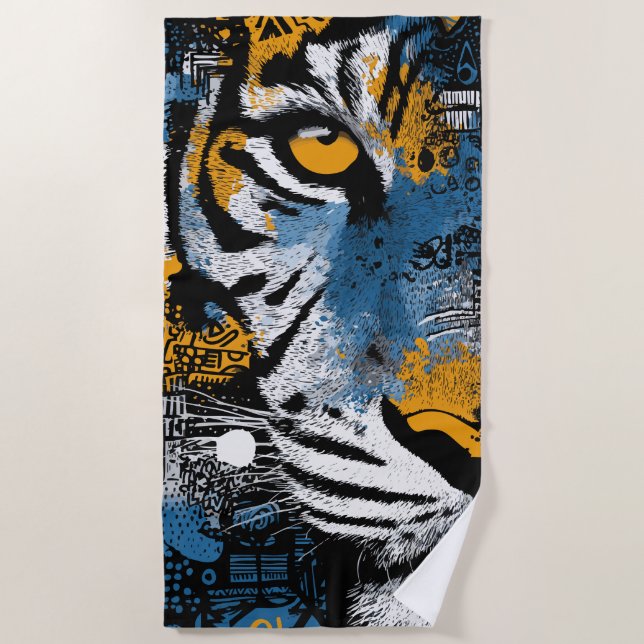 Serviette de plage au tigre – Graphisme jaune bleu (Devant)
