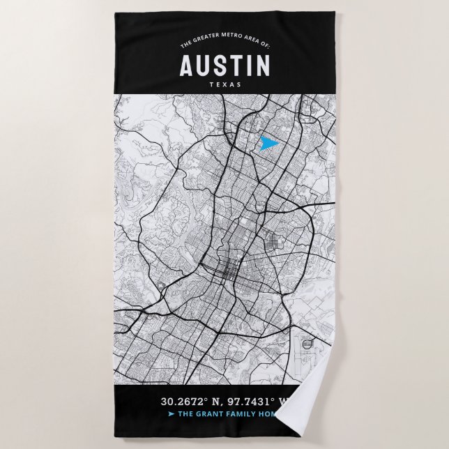 Serviette De Plage Austin, Texas City Map + Votre emplacement personn (Devant)