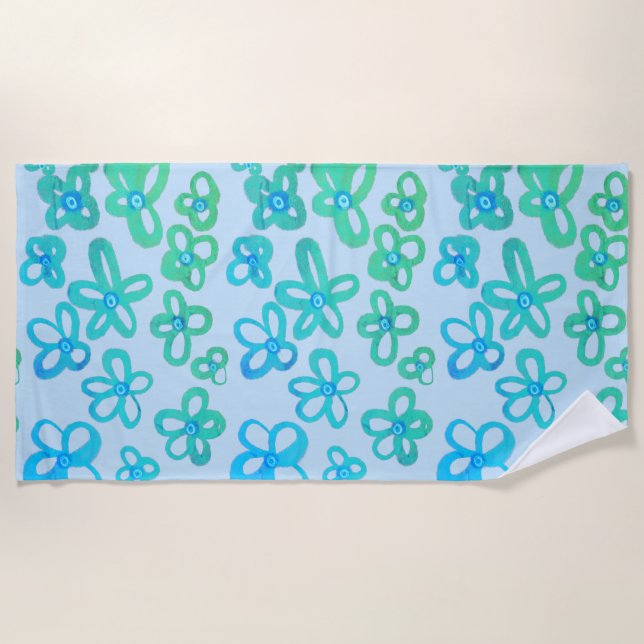 Serviette de plage aux fleurs bleues et sarcelles (Devant)