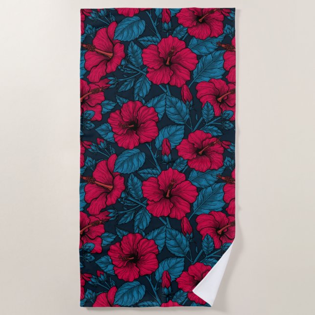 Serviette de plage aux fleurs d'hibiscus rouges (Devant)