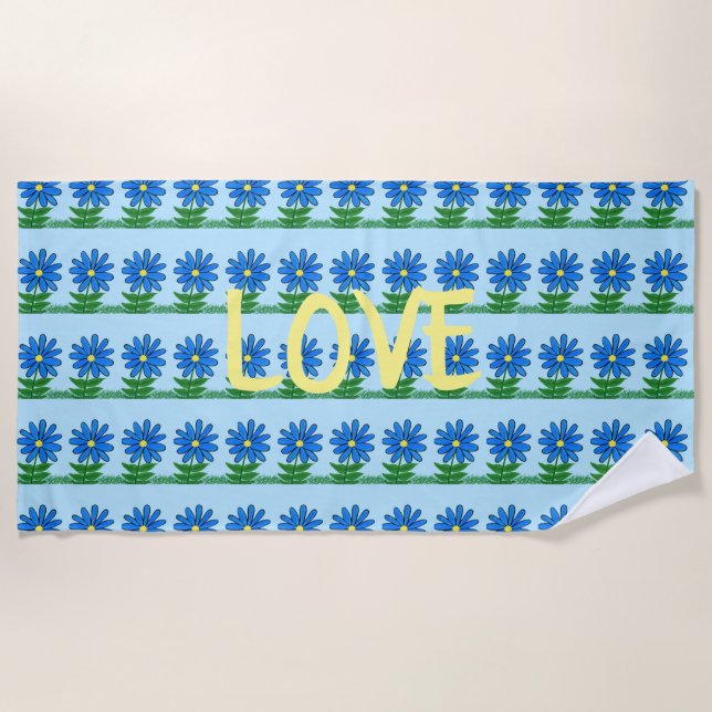 Serviette de plage aux marguerites bleues (Devant)