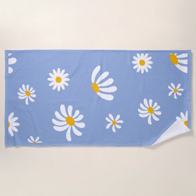 Serviette de plage aux marguerites rétro bleue et  (Devant)
