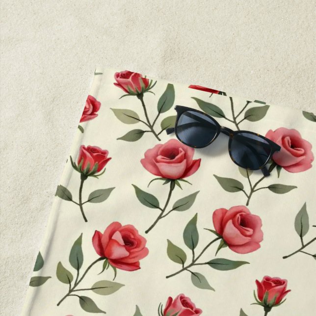Serviette de plage aux roses rouges aquarelle  (En situation)