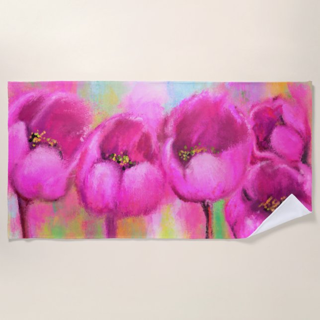 Serviette de plage aux tulipes roses violettes (Devant)