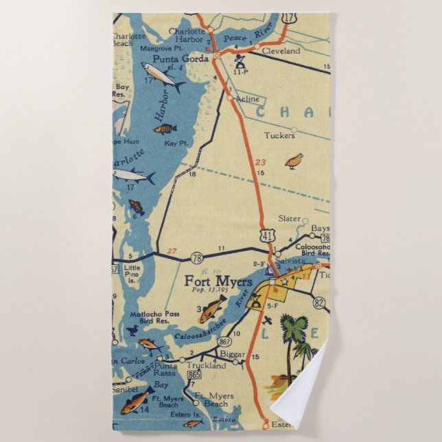 Serviette de plage avec carte de Ft Myers (Devant)