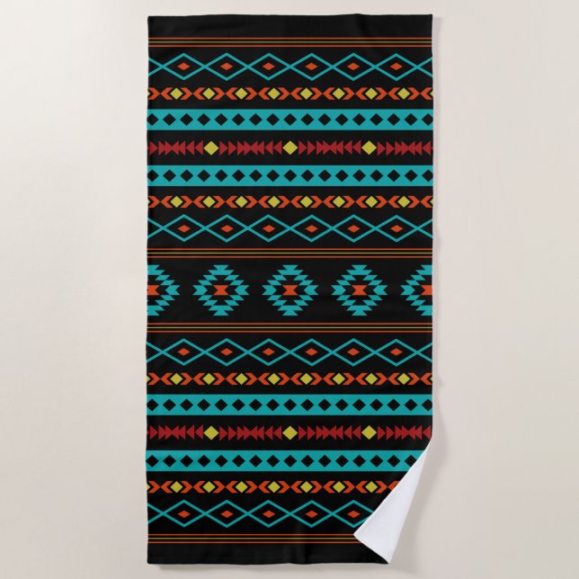 Serviette De Plage Aztec Turquoise Rouges Jaune Noir Mixte Motifs Mot (Devant)