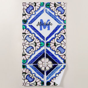 Serviette De Plage Azulejo Motif espagnol Carreaux marine Monogramme 