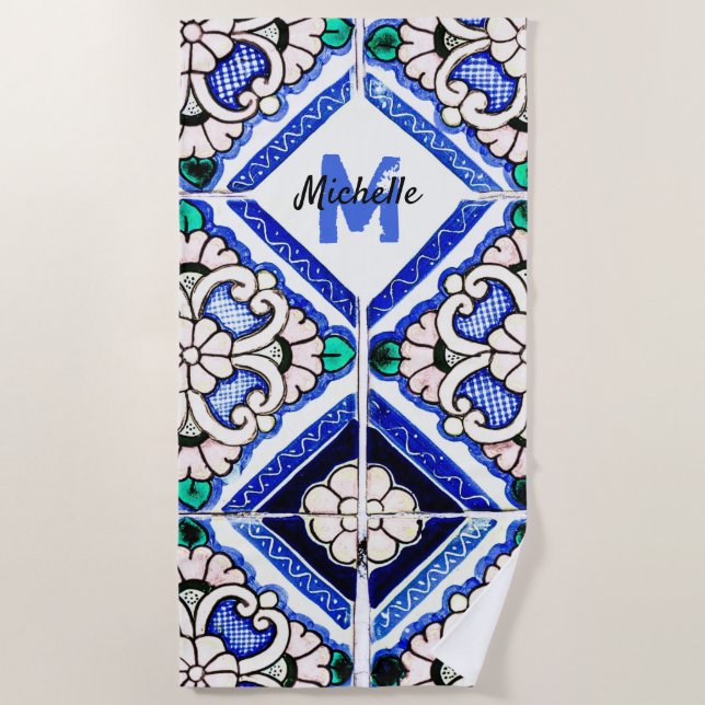 Serviette De Plage Azulejo Motif espagnol Carreaux marine Monogramme  (Devant)