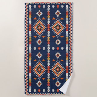 Serviette De Plage Azure Navy and Terracotta Geometric Tribal
