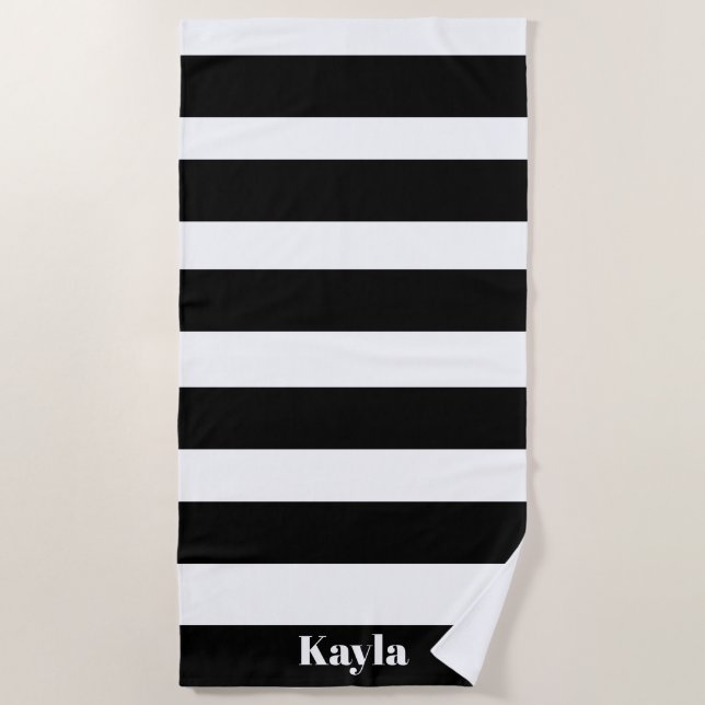 Serviette De Plage Bachelorette noire et blanche avec nom (Devant)