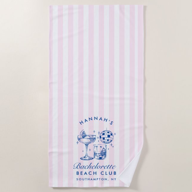 Serviette De Plage Bachelorette Retro Disco Cocktail Bleu & Rose (Devant)