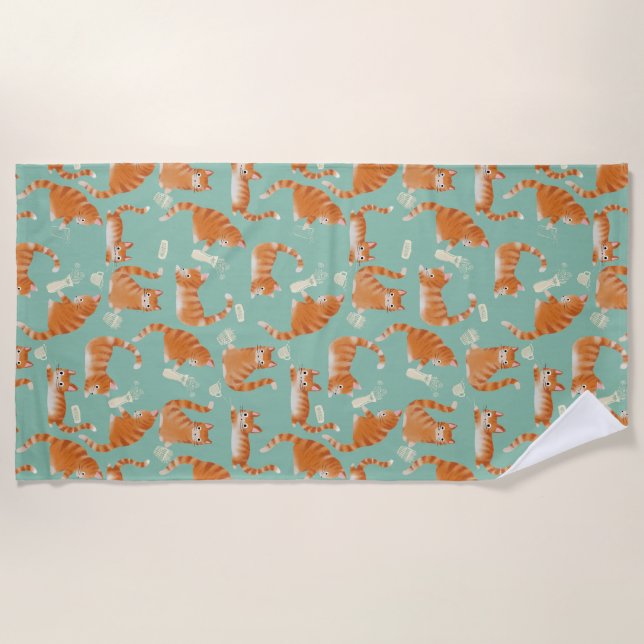 Serviette De Plage Bad Orange Tabby Chats Frapper Des Choses Sur Moti (Devant)