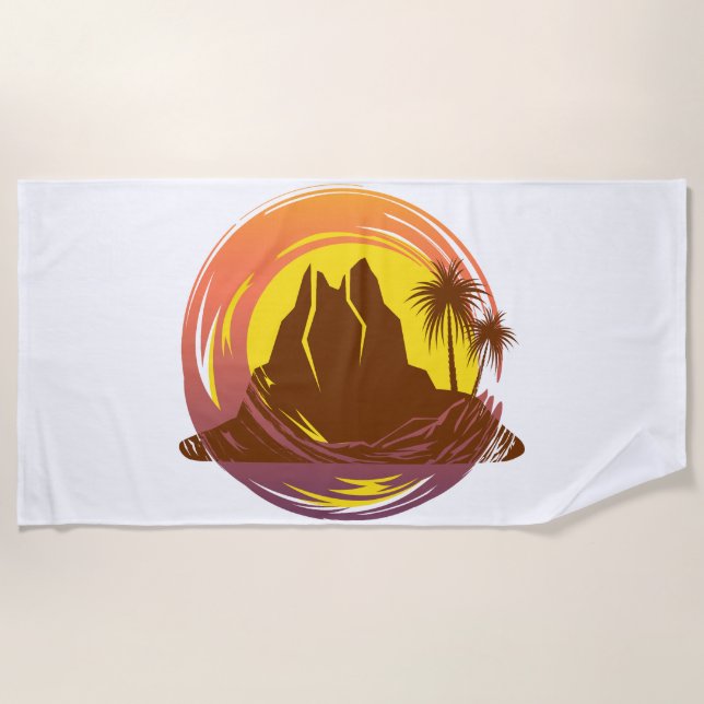 Serviette De Plage Badge avec paysage volcanique tropical et palmiers (Devant)