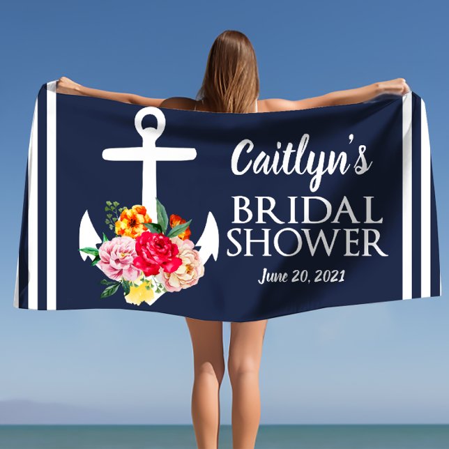 Serviette De Plage Baigneuse d'encrage de fleurs personnifiées douche (Personalized Floral Anchor Bridal Shower Beach Beach Towel)