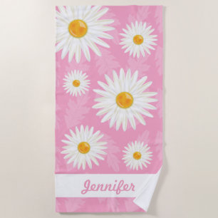 Serviette De Plage Baisson Blanc Sur Rose Avec Nom Personnalisé