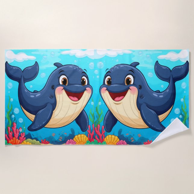 Serviette De Plage Baleine de dessin animé joyeuse nageant (Devant)