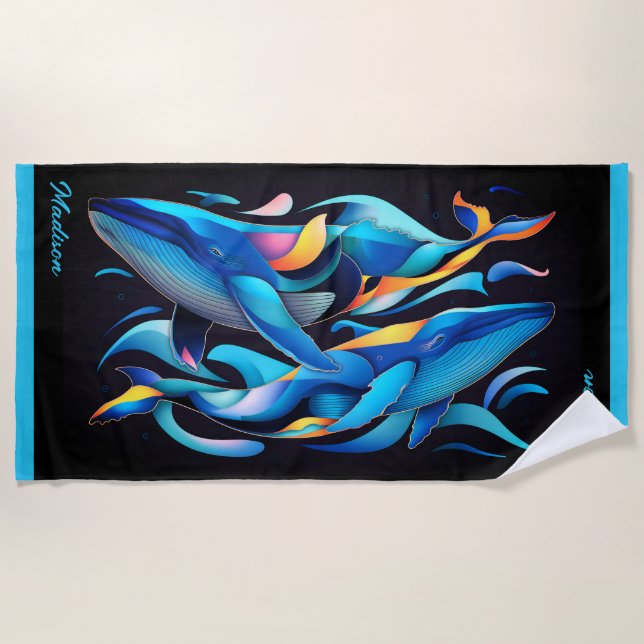 Serviette De Plage Baleines bleues Abstraites modernes personnalisabl (Devant)