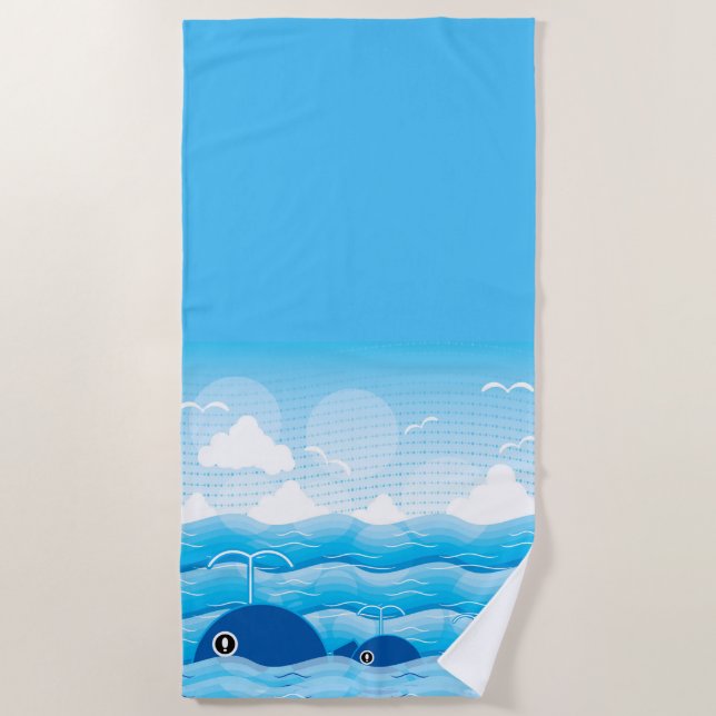 Serviette De Plage Baleines et vagues Bleu océanique (Devant)