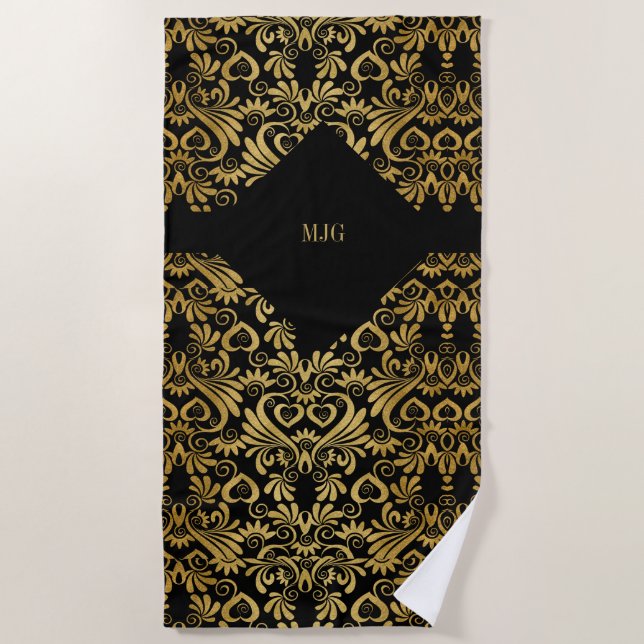Serviette De Plage Balles d'or sur Monogramme noir (Devant)