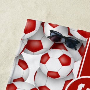 Serviette De Plage Ballons de football blanc rouge motif nom personna