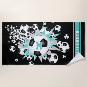 Serviette De Plage ballons de football lumière gris turquoise étoiles
