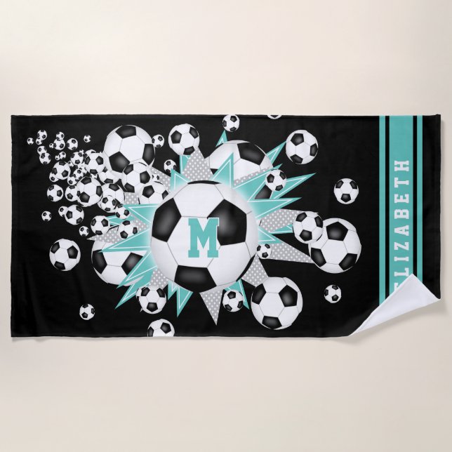 Serviette De Plage ballons de football lumière gris turquoise étoiles (Devant)