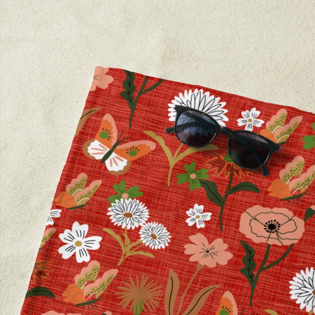 Serviette De Plage Bambou brut Shamrocks floraux papillons en rouge (En situation)
