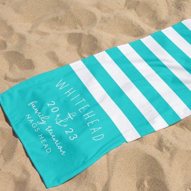 Serviette De Plage Bande Ancre nautique Aqua Monogramme bleu (Créateur téléchargé)
