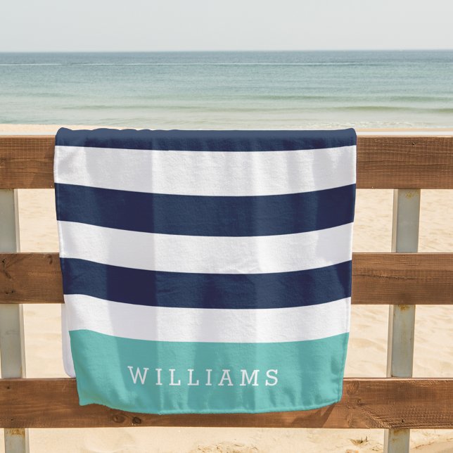 Serviette De Plage Bande Aqua & Navy personnalisée (Créateur téléchargé)
