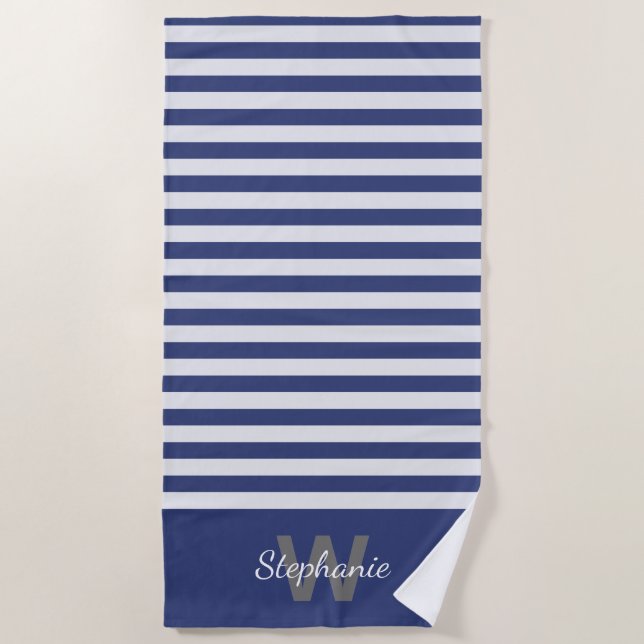 Serviette De Plage Bande d'auvent bleu marine avec personnalisation (Devant)