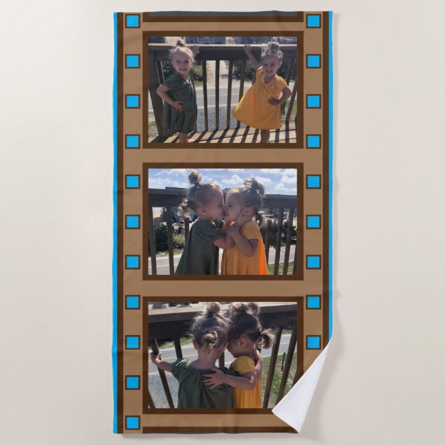 Serviette De Plage Bande de film rétro Ajouter jusqu'à 3 photos Bleu (Devant)