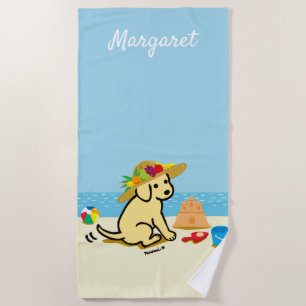 Serviette De Plage Bande dessinée jaune de chapeau de paille de chiot