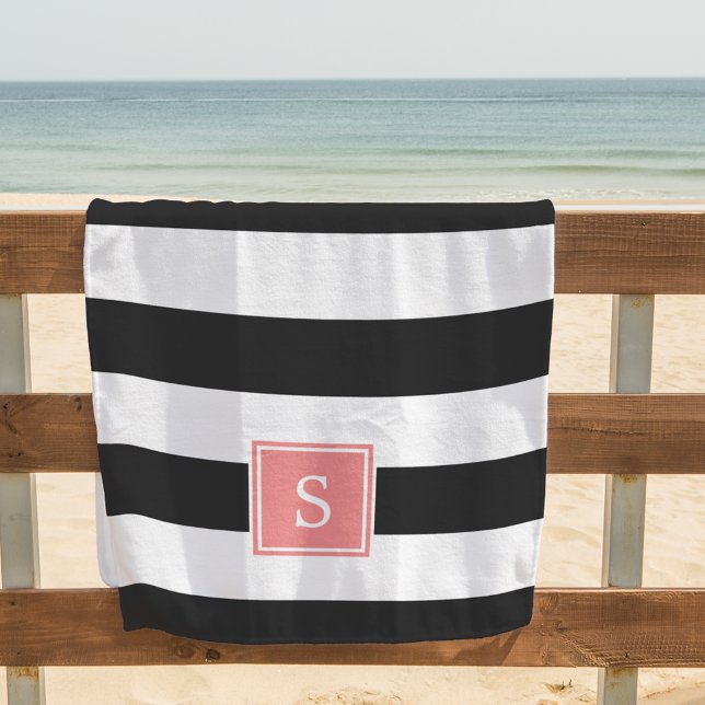 Serviette De Plage Bande noire et monogramme de corail (Créateur téléchargé)
