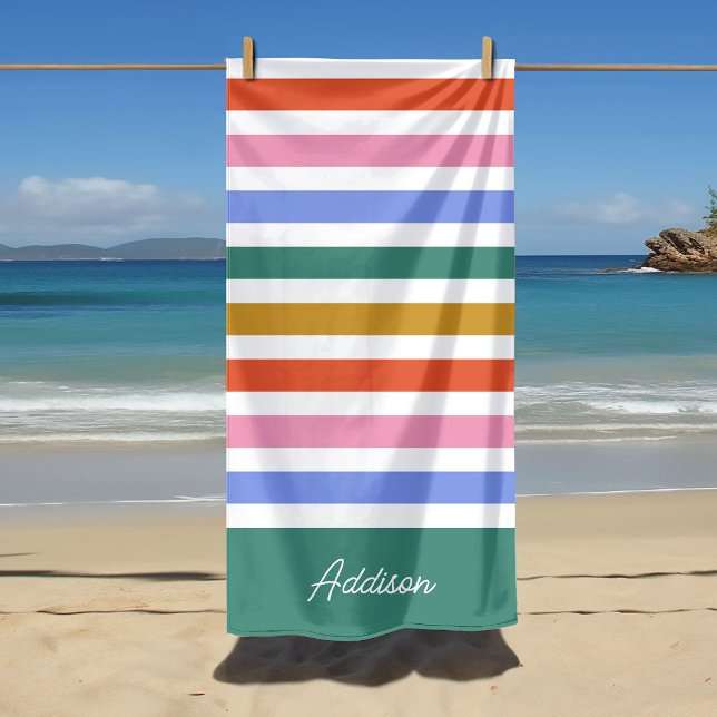 Serviette De Plage Bandes colorées Nom personnalisé (Créateur téléchargé)