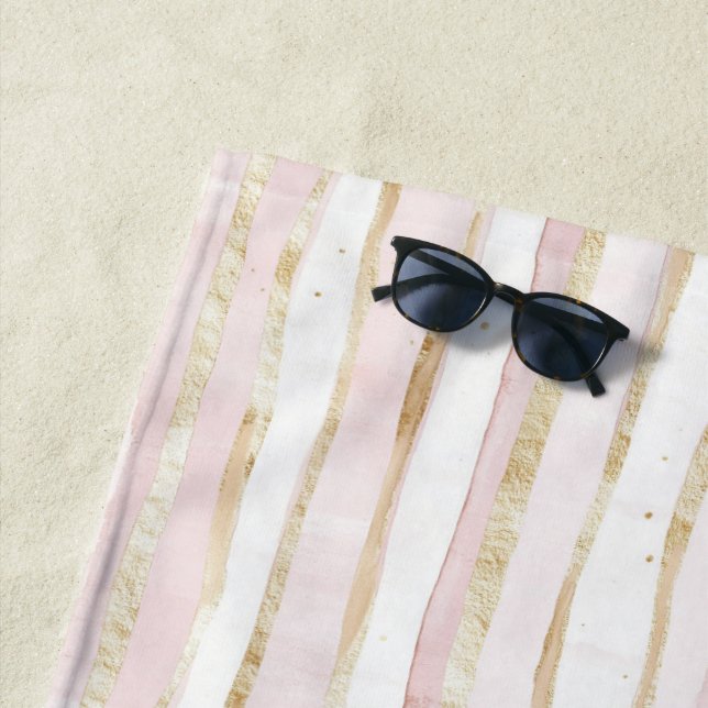Serviette De Plage Bandes dorées roses blanches (En situation)
