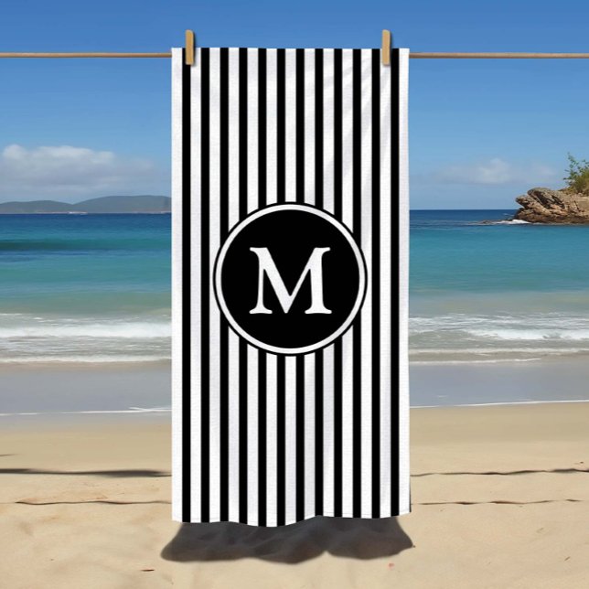 Serviette De Plage Bandes noires et blanches monogrammes (Monogrammed Black & White Stripes Beach Towel)