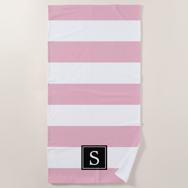 Serviette De Plage Bandes roses, Lignes, Motif rayé, Monogramme (Devant)