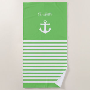 Serviette De Plage Bandes vertes et blanches Nautiques Personnalisées