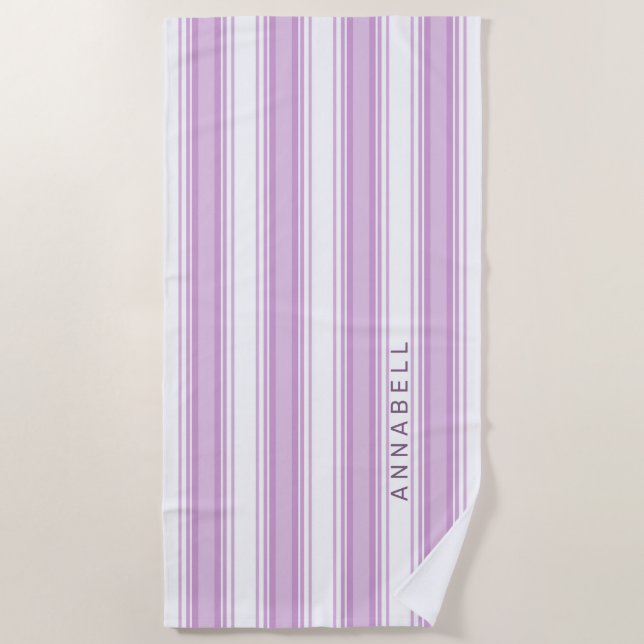 Serviette De Plage Bandes verticales violettes et blanches nom person (Devant)