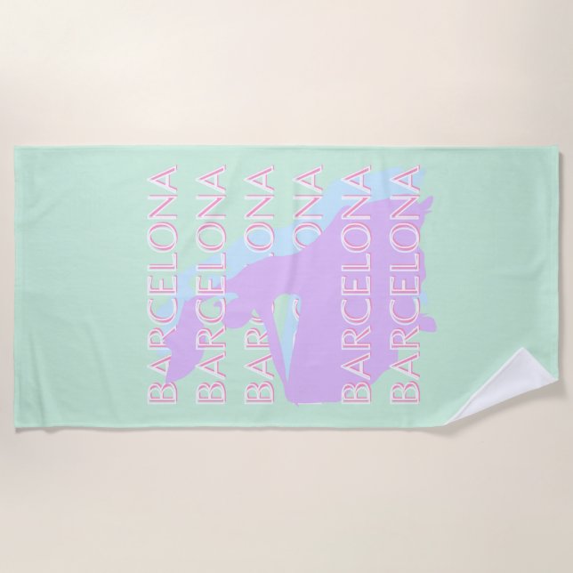 Serviette De Plage Barcelone Art Voyage, Espagne Art, Pastel, Vert (Devant)