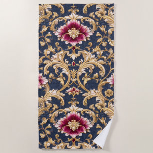 Serviette De Plage Baroque Floral Royal sur Fond Bleu Profond